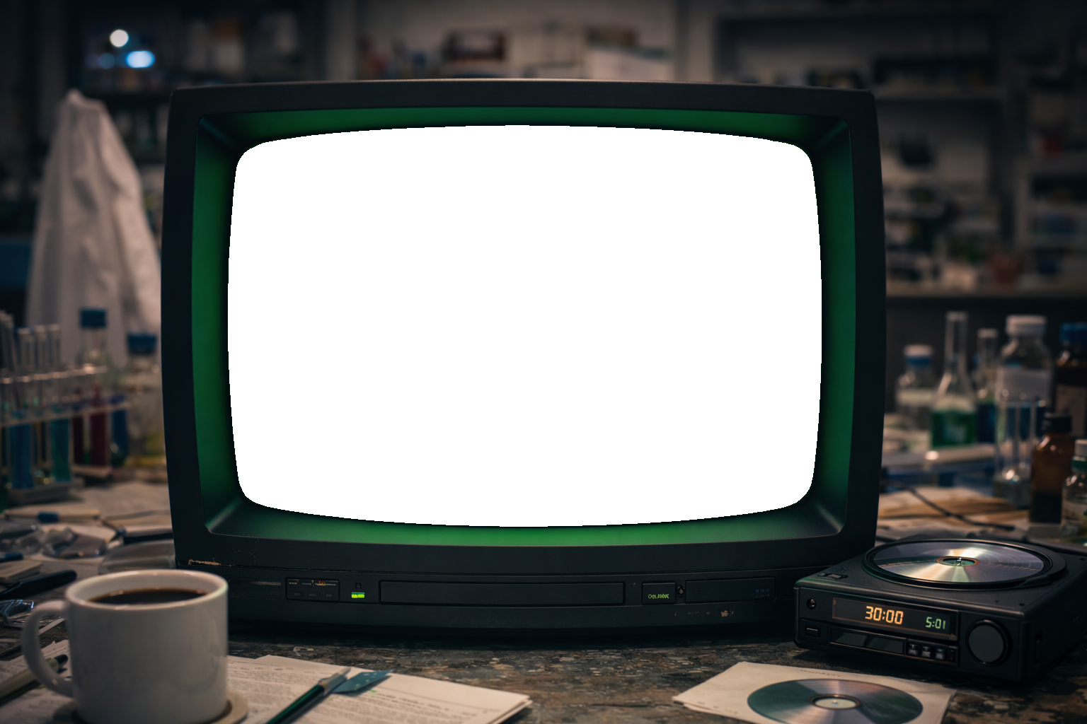 コーヒーとCDが置かれた作業机のブラウン管テレビ